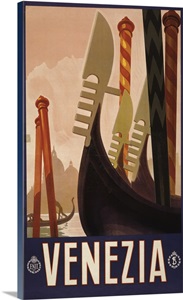 Vintage Travel Poster Of The Decorative Prows Of Gondolas On A Canal In Venice, 1920 image thumbnail