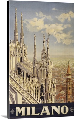Vintage Travel Poster Of The Roof And Spires Of A Cathedral In Milan, Italy, 1920