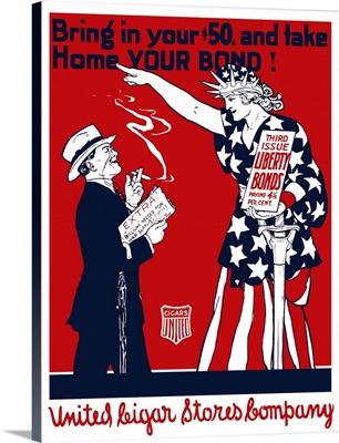 Vintage World War I poster of a man smoking a cigar as Lady Liberty points at him