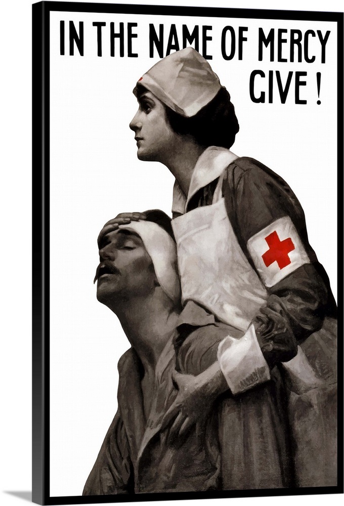 Vintage World War I poster of a Red Cross nurse holding a ...