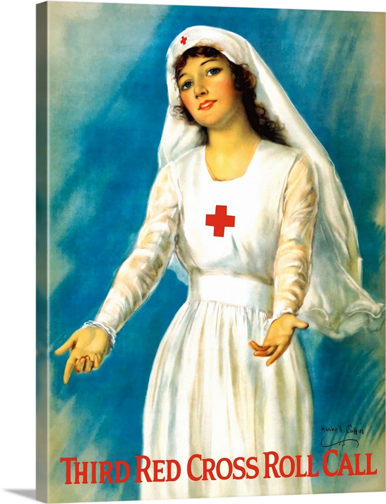 Vintage World War One poster of a Red Cross nurse holding open her arms. It reads, Third Red Cross Roll Call.