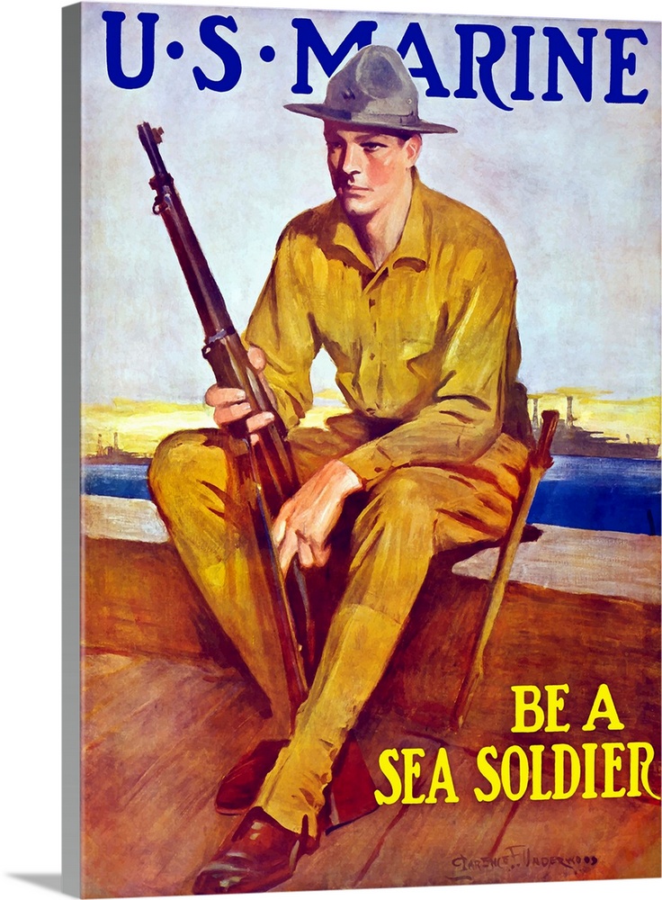 Vintage World War One poster of a U.S. Marine holding his rifle, sitting near the harbor. It reads, U.S. Marine - Be A Sea...