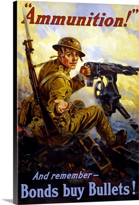 Vintage World War I poster of a U.S. soldier firing a machine gun on a battlefield