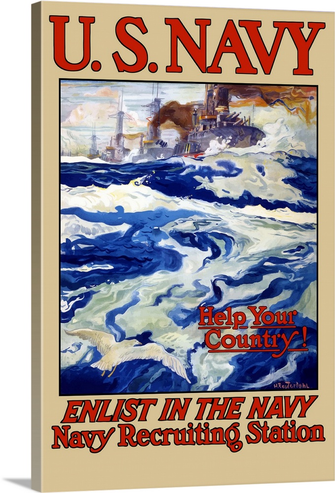 Vintage World War I poster of battleships at sea. It reads, U.S. Navy, Help Your Country! Enlist In The Navy, Navy Recruit...