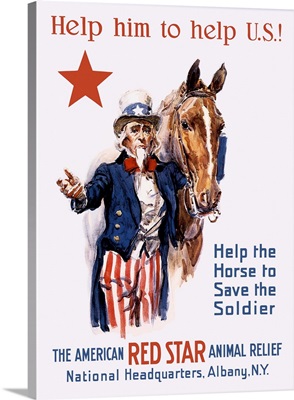 Vintage World War I poster of Uncle Sam with a horse