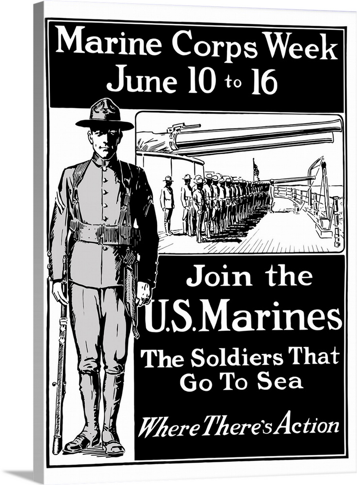 Vintage World War One poster showing a Marine standing at attention and Marines on a battleship. It declares - Marine Corp...