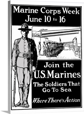 Vintage World War I poster showing a Marine standing at attention