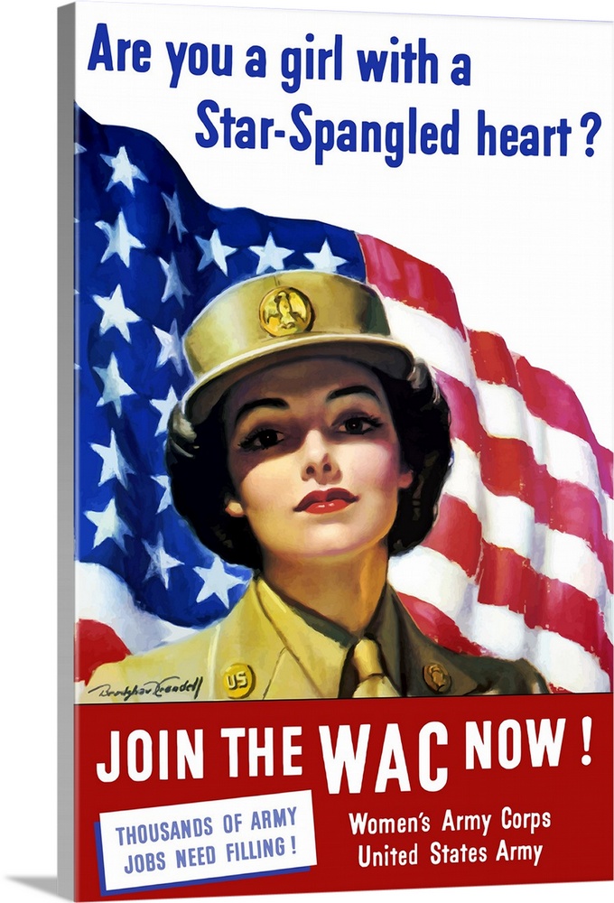 Vintage World War II poster of a member of The Women's Army Corps standing before the American flag. It reads, Are you a g...
