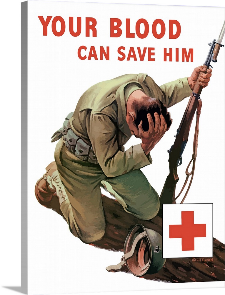 Vintage World War II poster of a soldier kneeling and holding his head, his helmet lays beside him pierced with a bullet h...