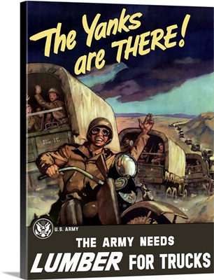 Vintage World War II poster of military transport trucks filled with troops