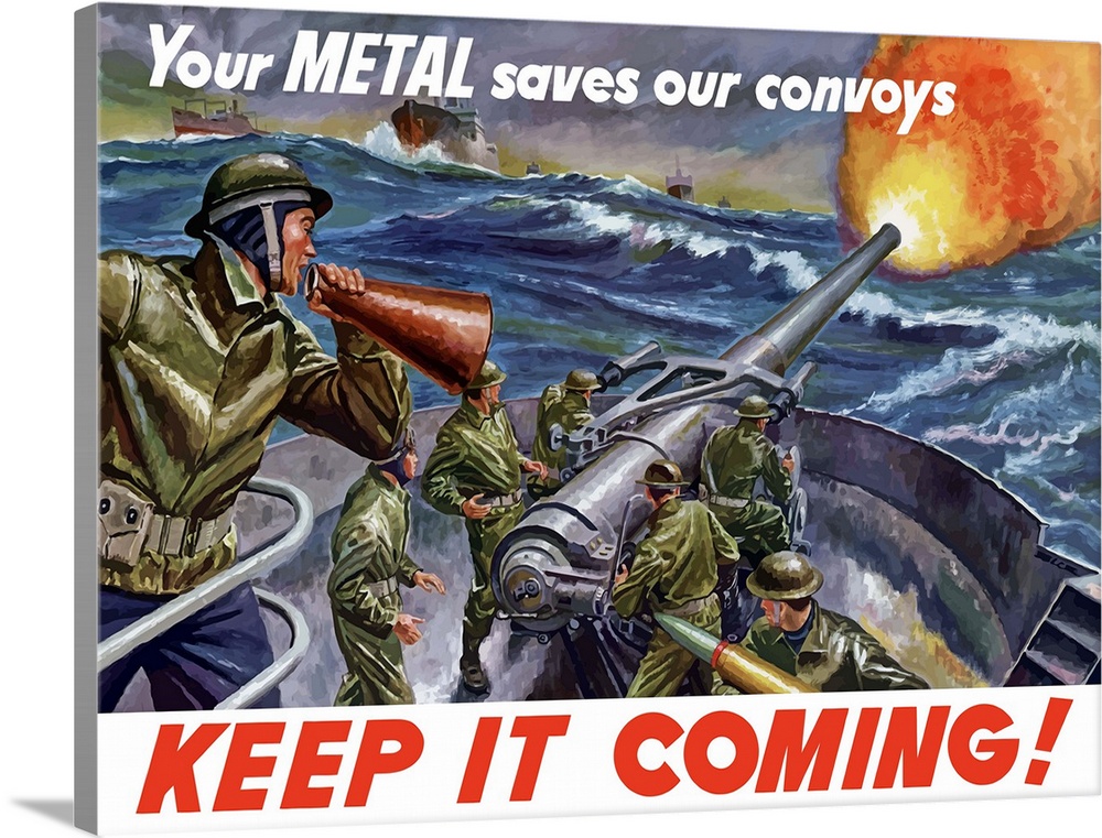 Vintage World War II poster of ships at sea, firing artillery rounds into the distance. It declares - Your Metal Saves Our...