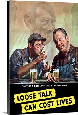 Vintage World War II poster of two men talking as Hitler listens in the background
