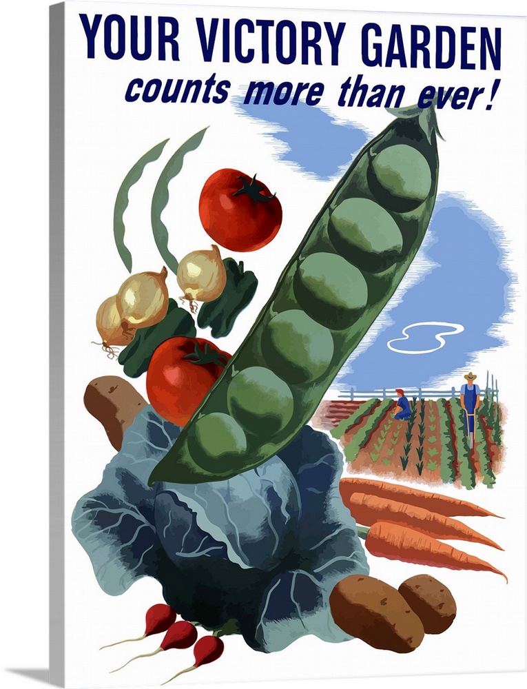 Vintage World War II poster of giant peas, cabbage, carrots, onions, and other vegetables. It also shows farmers plowing a...
