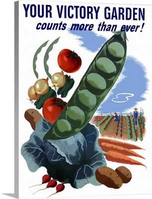 Vintage World War II poster of vegetables and a garden