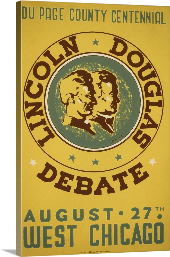 Vintage WPA poster advertising a reenactment of the Lincoln-Douglas debate to be held at the DuPage County Centennial 1939...