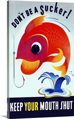Vintage WW2 poster of a colorful fish jumping from a pond
