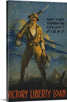 Vintage WWI Military Propaganda Poster Of A Wounded American Soldier On The Battlefield