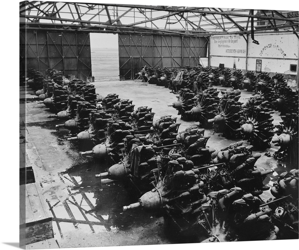 Warehouse of French airplane engines. These undamaged engines will now be used against the Axis by the French air force in...