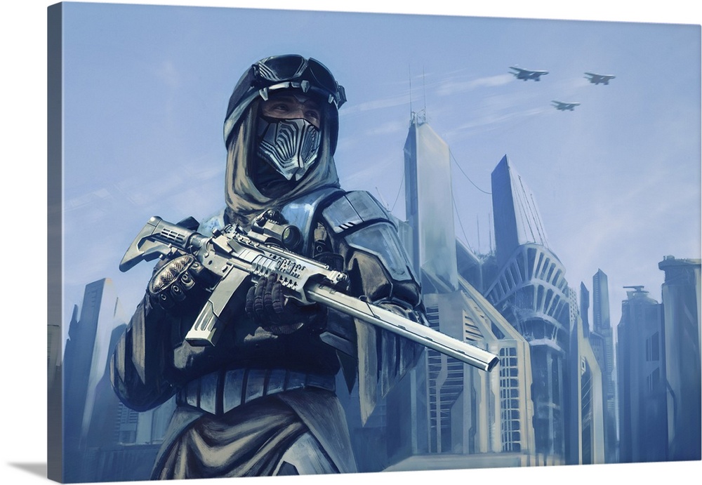 Warrior with weapons in front of skyscrapers of future city.