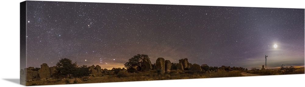 December 24, 2014 - A 180 degree panorama of the winter sky at the City of Rocks State Park, New Mexico, with Orion rising...