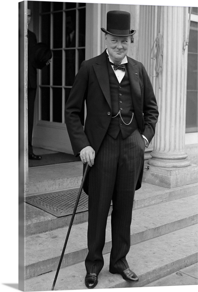 Digitally restored vintage English history photo of Winston Churchill wearing top hat and tails, in 1929.