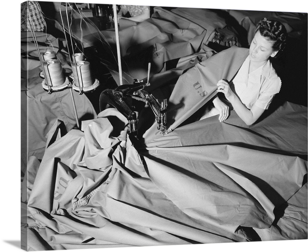 Woman fabricates pup tents for U.S. Army, circa 1941.