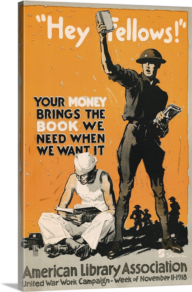 World War I military poster featuring a soldier holding up a book, with a sailor sitting on the ground at his feet, reading.