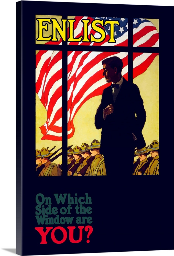 Vintage World War One poster of a man looking through a window as troops march past and an American flag waves. It reads, ...