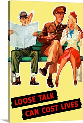 World War II poster of a soldier talking to his girl on a bench as Hitler eavesdrops