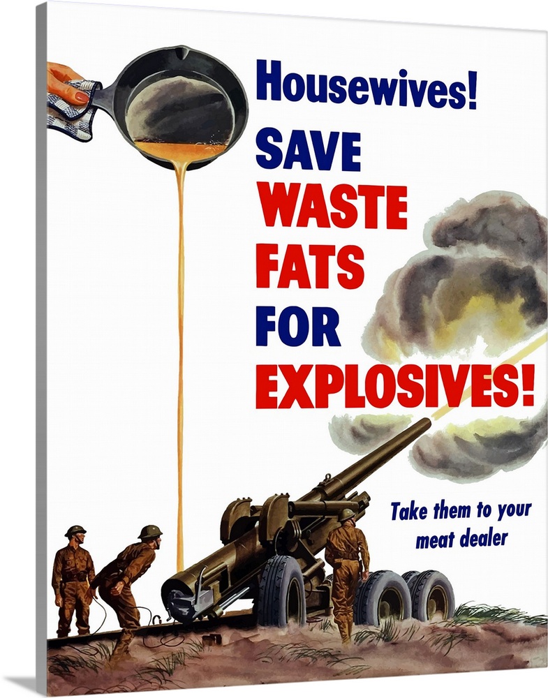 Vintage World War II poster of grease from a frying pan being poured into a firing artillery gun. It reads, Housewives! Sa...