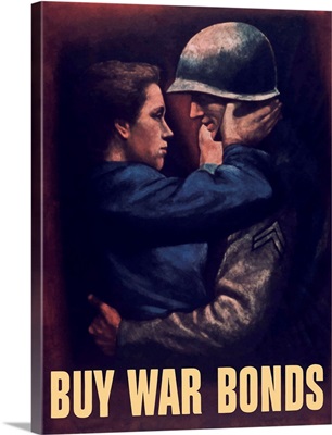 World War II propaganda poster of a soldier embracing a woman
