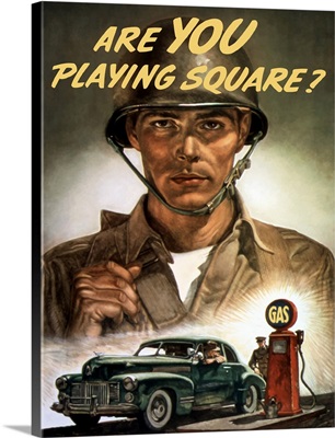 World War II propaganda poster of a soldier overlooking a man at the gas pump