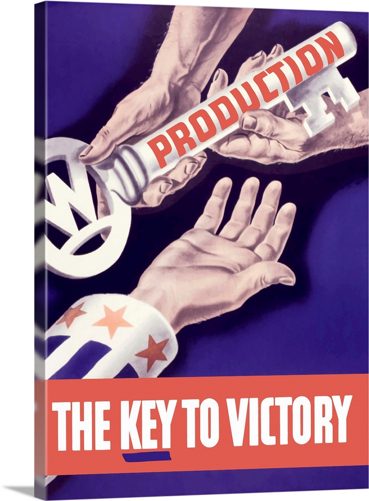 Vintage World War II propaganda poster featuring someone handing a large key to the hand of Uncle Sam. It reads, Productio...