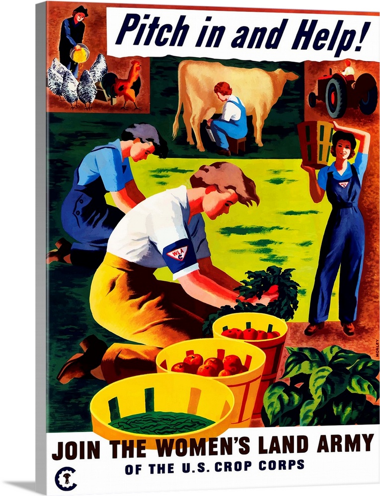 Vintage World War II propaganda poster featuring several women doing various chores on a farm. It reads, Pitch in and Help...