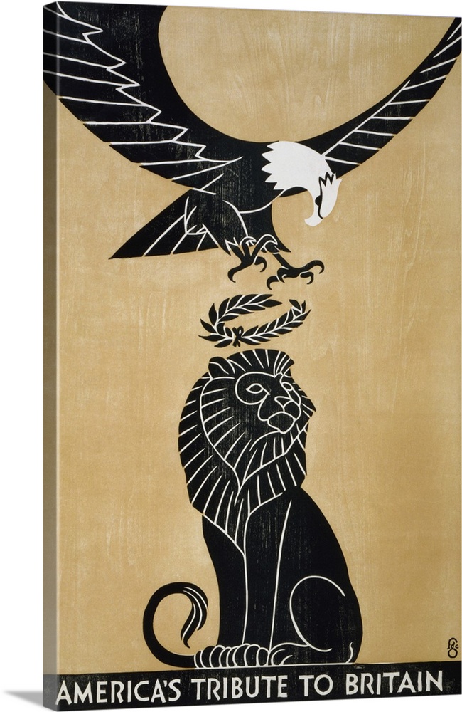 WWI propaganda poster showing an American bald eagle placing a victory wreath on a British Lion's head.