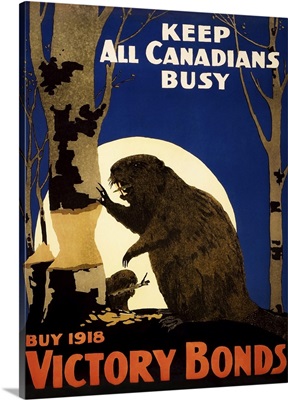 WWI Propaganda Poster Of Beavers Chewing On A Tree With A Full Moon In The Background