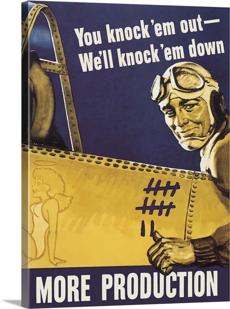 WWII propaganda poster of a fighter pilot pointing towards the kill markings on his plane