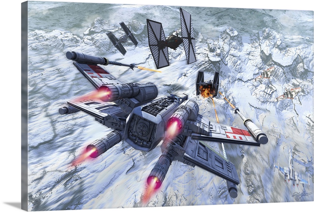 Battle between an X-Wing and several TIE Fighters.