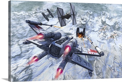 X-Wing Attacking a TIE Fighter Over an Arctic Station
