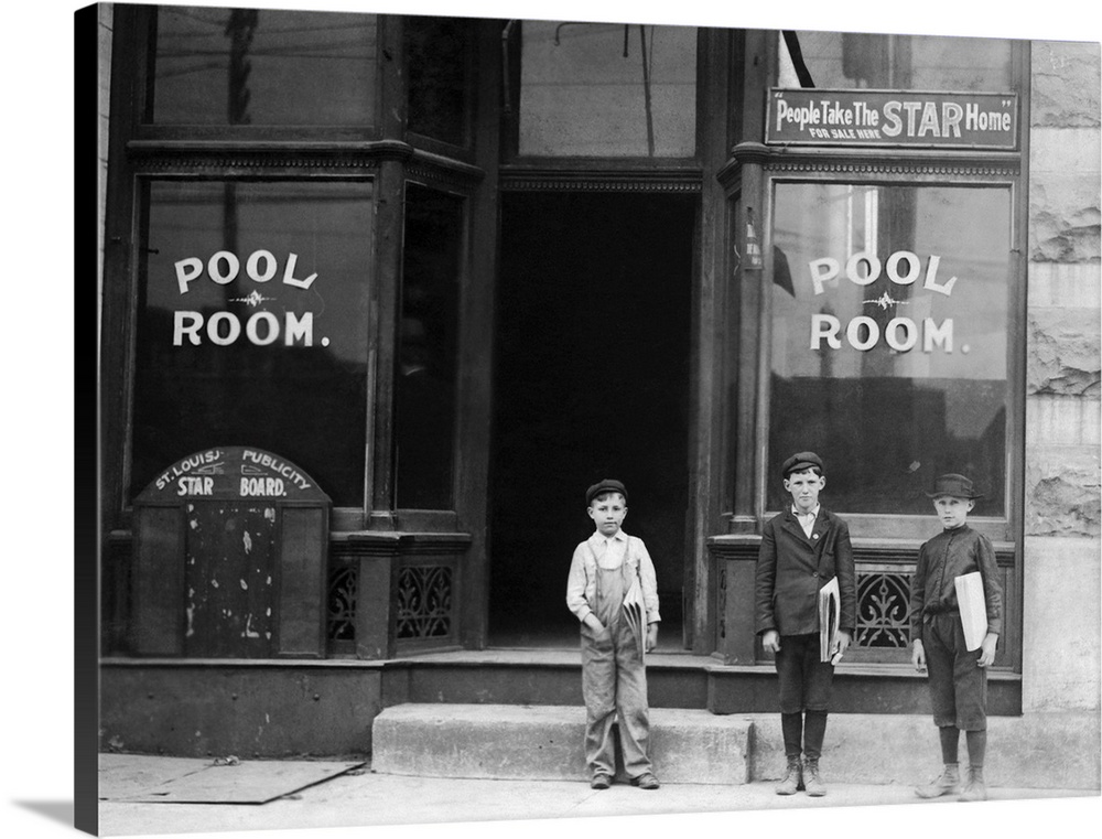 Young newspaper boys outside of a pool hall, St. Louis, Missouri, 1910.
