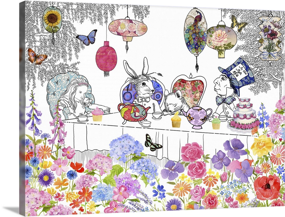 Illustration of Alice at the Mad Hatter's tea party, with colorful flowers and butterflies.