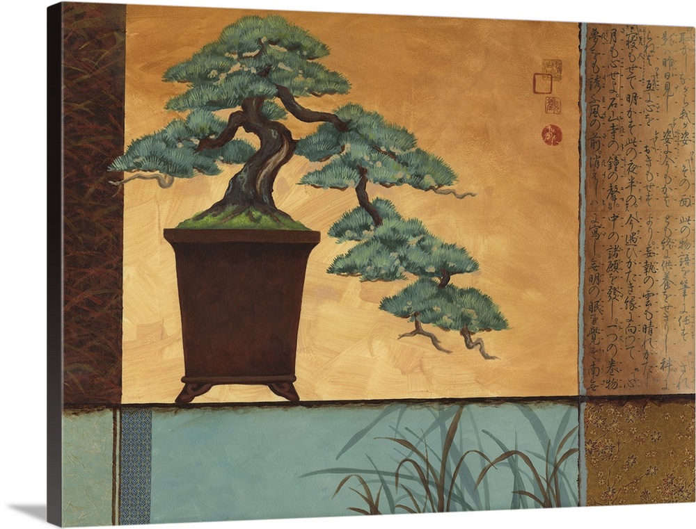 Asian style painting of a bonsai plant in a tall vase.