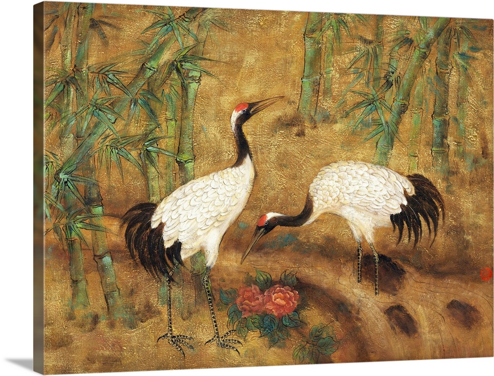 Asian style painting of two cranes foraging in bamboo.