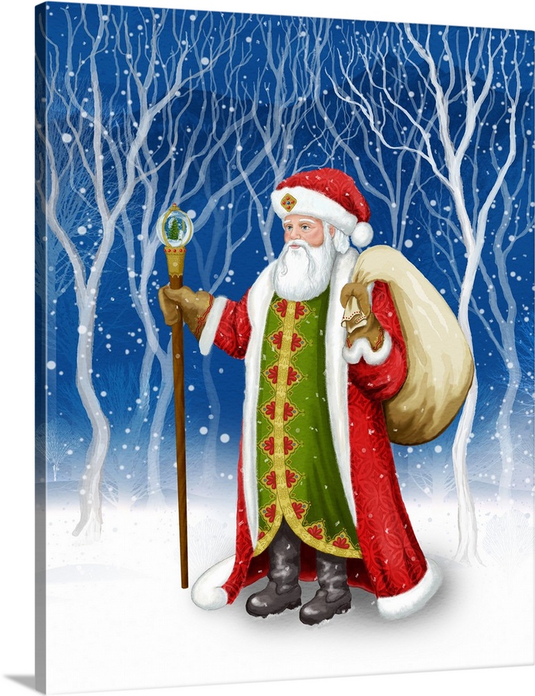Traditional image of Santa Claus in a snowy forest.