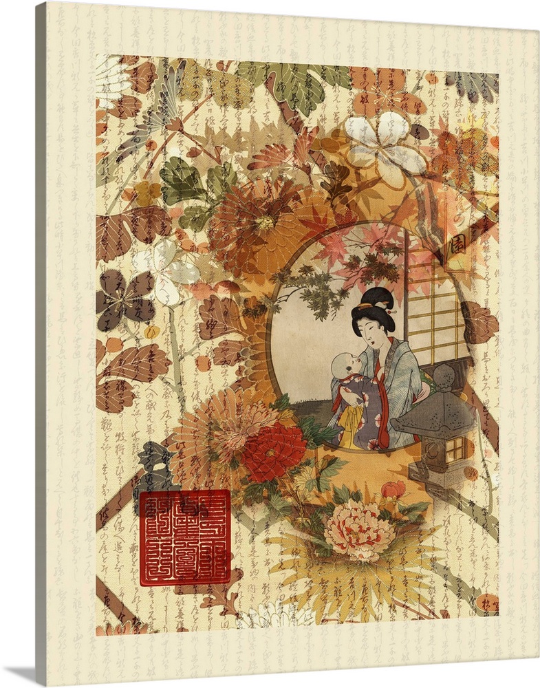 Japanese style illustration of a mother and her baby, surrounded by flowers.