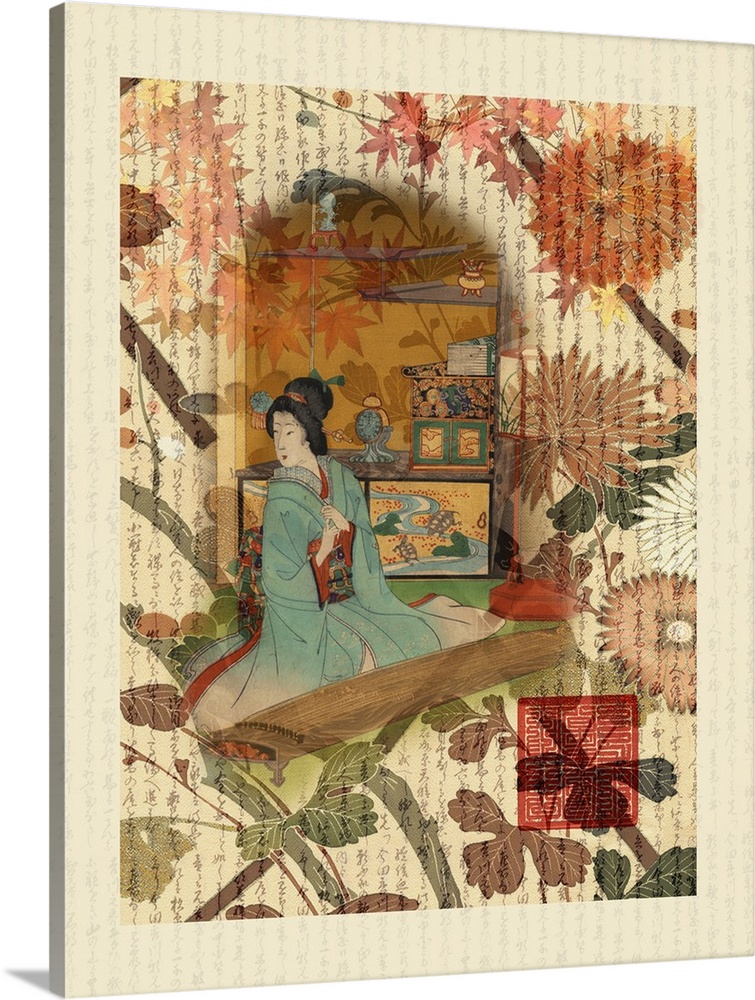 Japanese style illustration of woman wearing a kimono, surrounded by flowers.