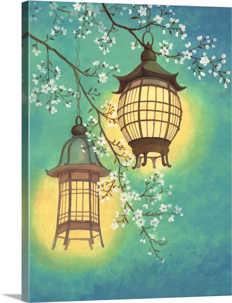 Asian style painting of two lit lanterns hanging in a cherry tree.