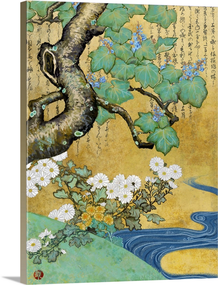 Asian style artwork of a stream near a flowers and a tree with calligraphy.