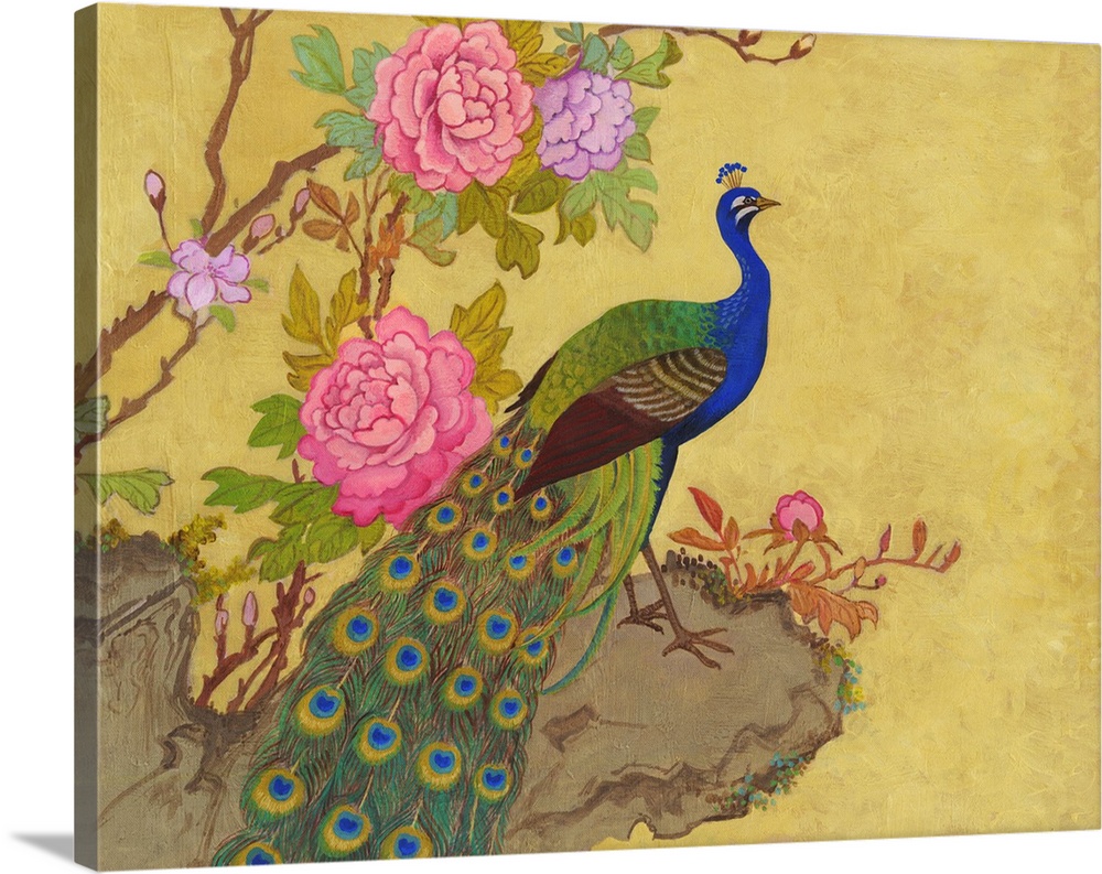 Chinese style painting of a peacock standing on a ledge with pink peonies.