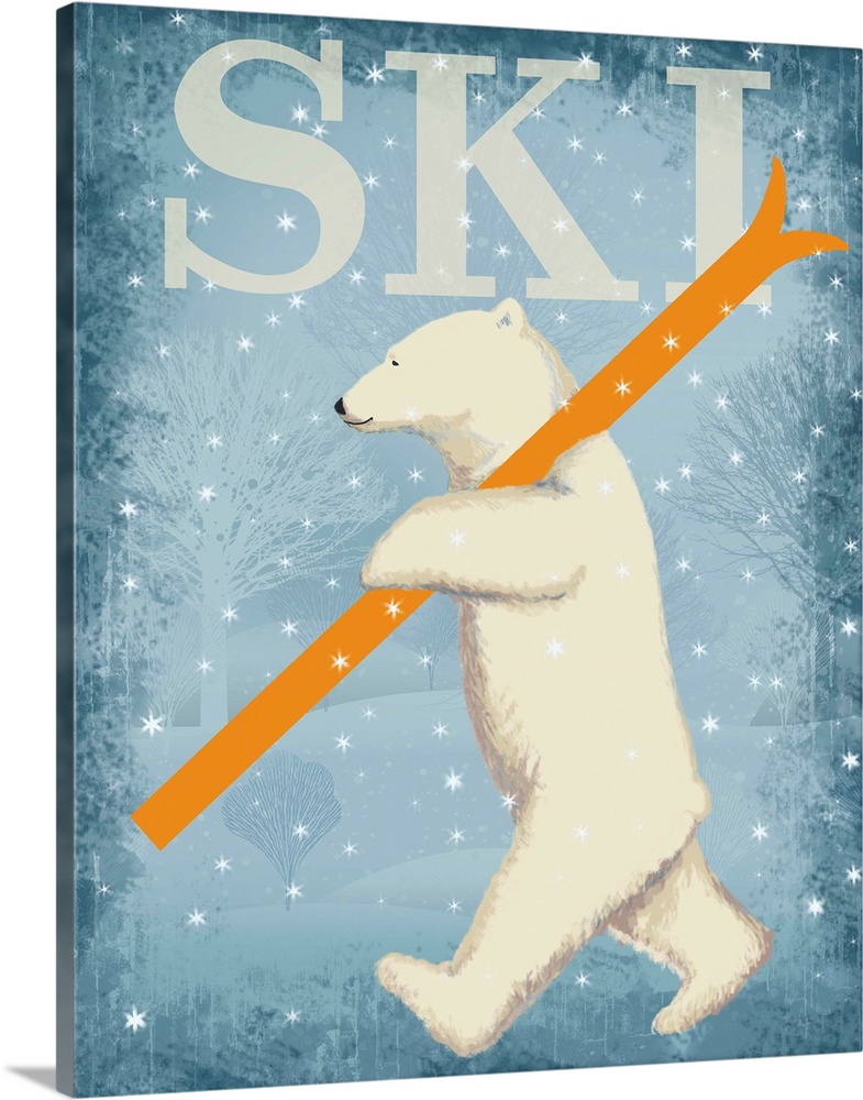 A polar bear carrying skis.